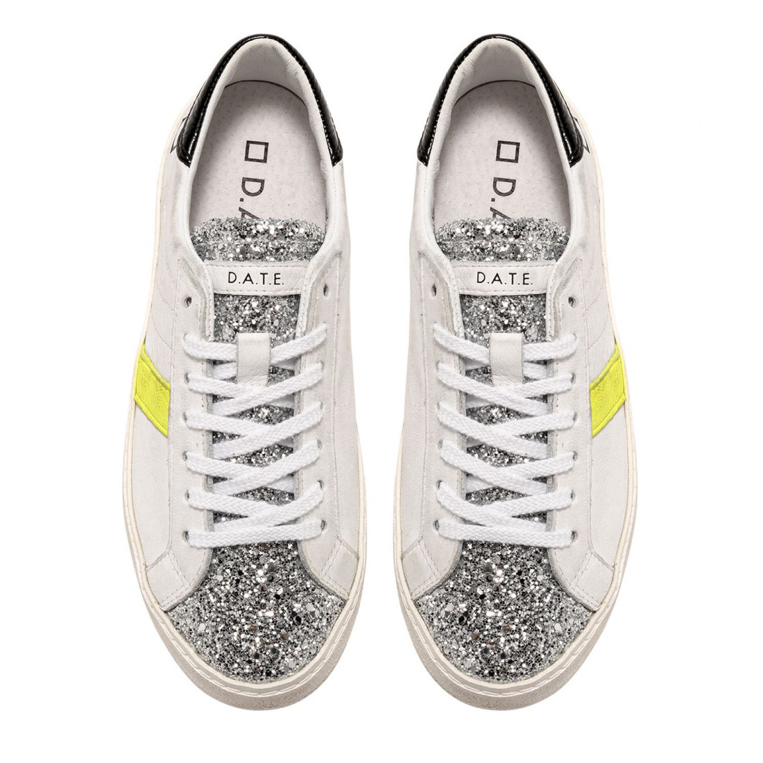Sneaker D.A.T.E. Hill Low Vintage bianca e gialla con glitter argento