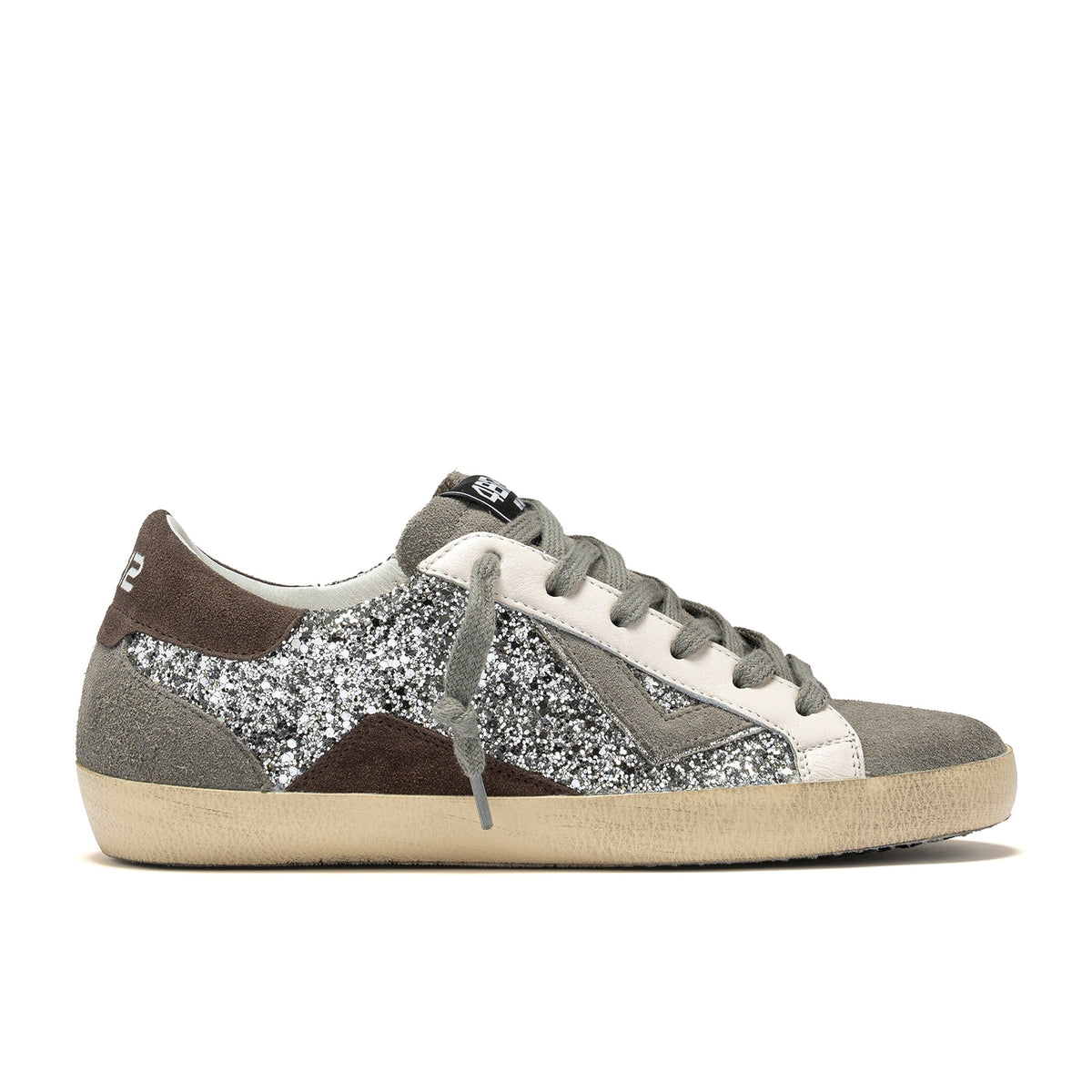 4B12: Sneaker low-top da donna Suprime grigia con inserti glitter argento e dettagli in suede beige e marroni