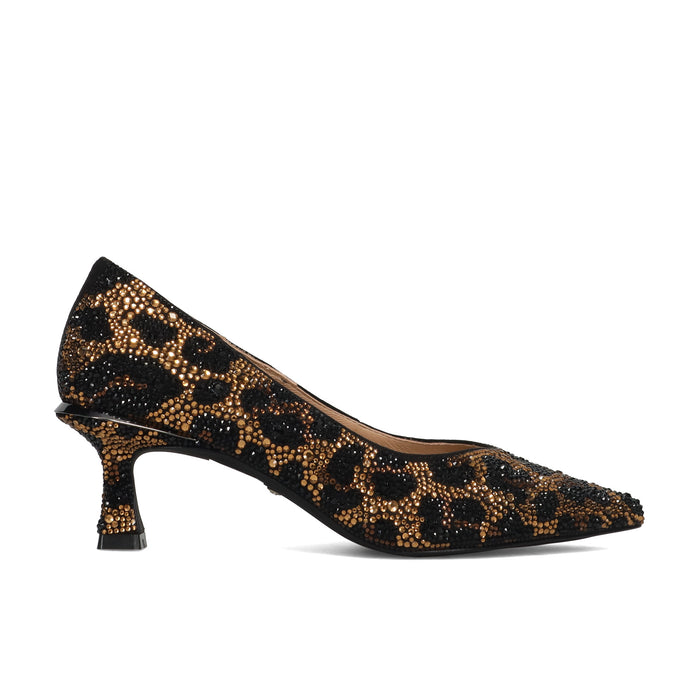 Alma en Pena: Scarpa elegante da donna coperta di strass oro e nero con tacco comodo a rocchetto