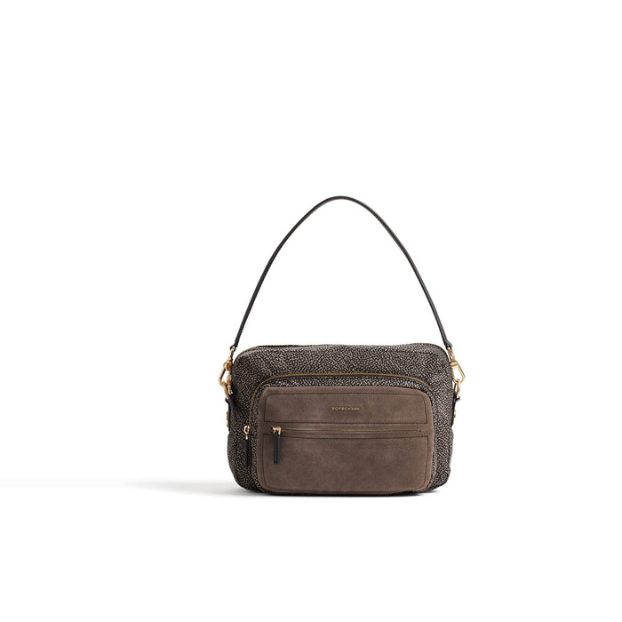 BORBONESE: Borsa camera case da donna B-Club misura medium in tessuto stampato Op catrame e pelle cenere