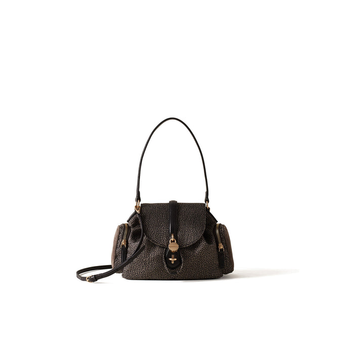 BORBONESE: Borsa a tracolla da donna Poche Crossover misura small in tessuto stampa Op color grigio catrame