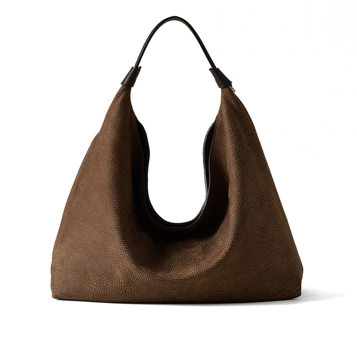 BORBONESE: Borsa hobo Plie media in pelle di vitello "Minerva" effetto nabuk stampa OP marrone