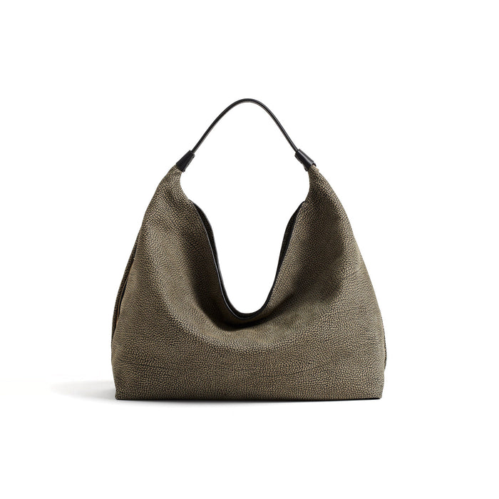 BORBONESE: Borsa hobo da donna Plié misura medium in vitello effetto nabuk stampa Op grigio clay e nero