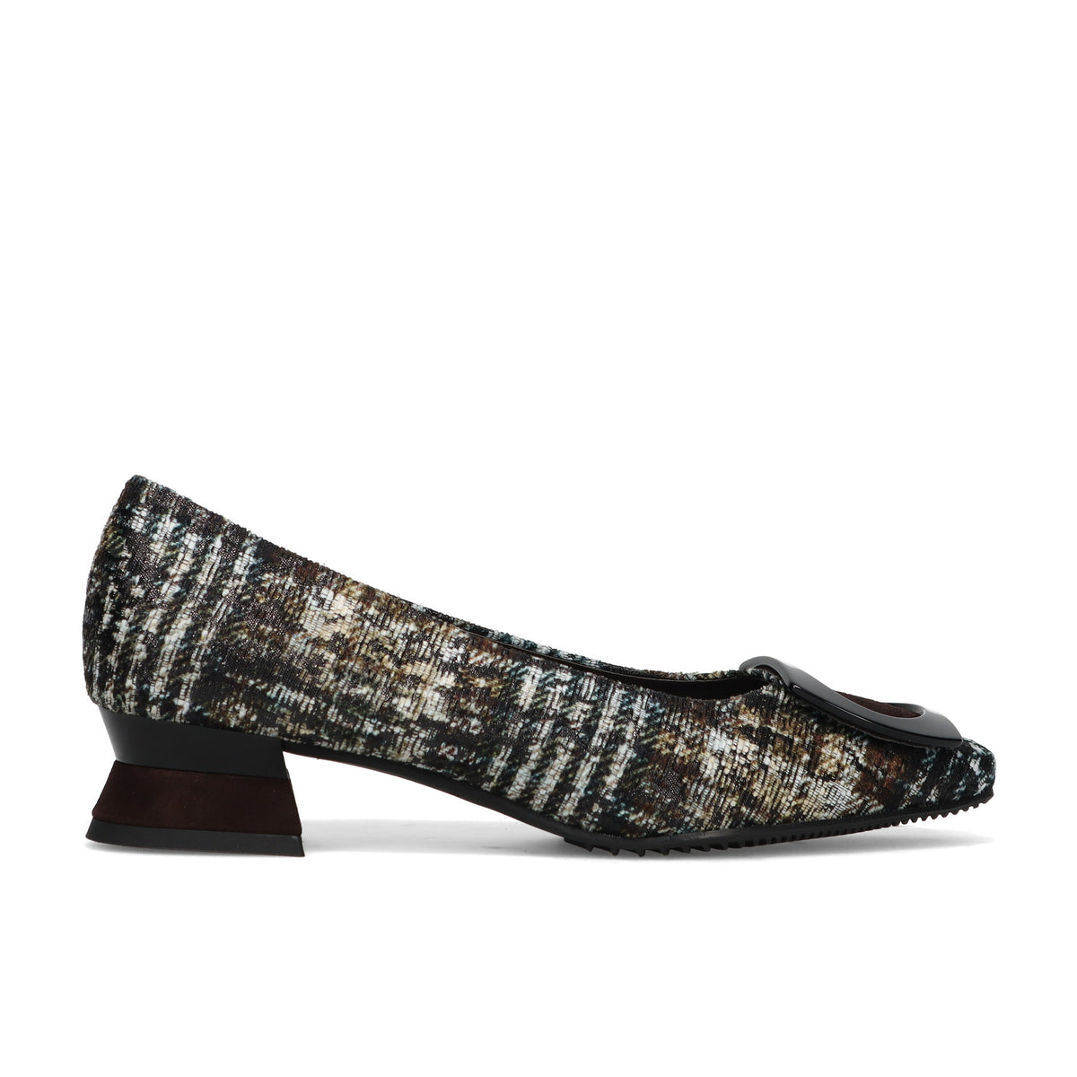 BRUNATE: Raffinato décolleté in tessuto marble e suede moro con accessorio nero e tacco comodo