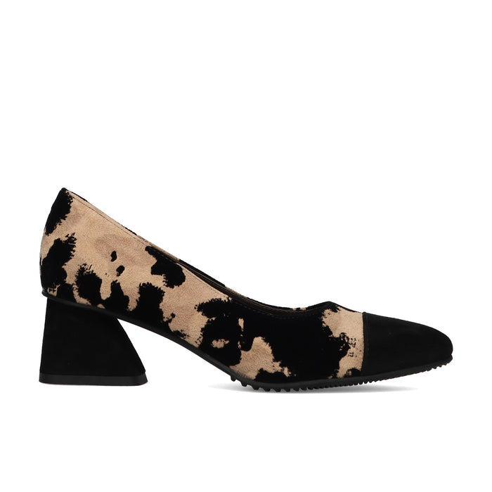 BRUNATE: Décolleté in camoscio idrorepellente con stampa mimetica nera e beige on tacco comodo