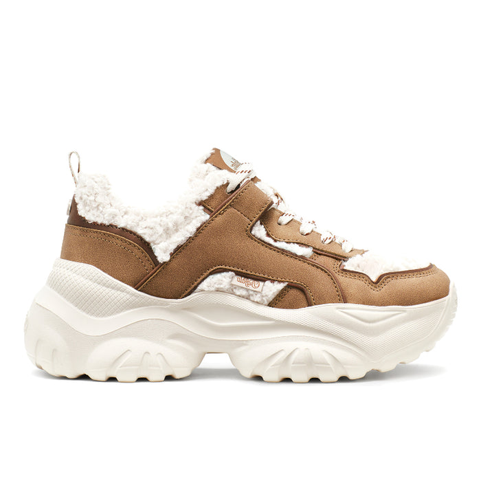 BUFFALO: Sneaker chunky vegana da donna Bliss Warm in ecopelle marrone e teddy beige