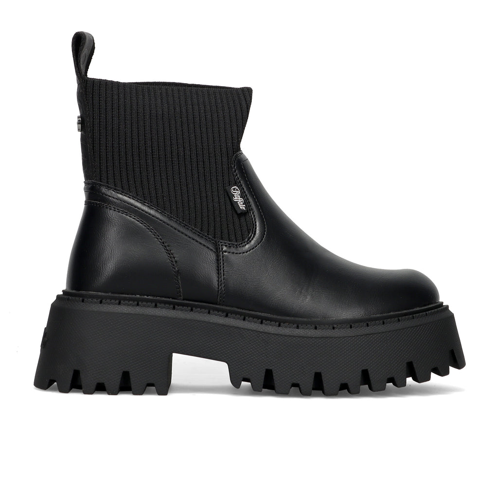BUFFALO: Stivaletto da donna Aspen in ecopelle nera con calzino in maglia e maxi suola dentellata