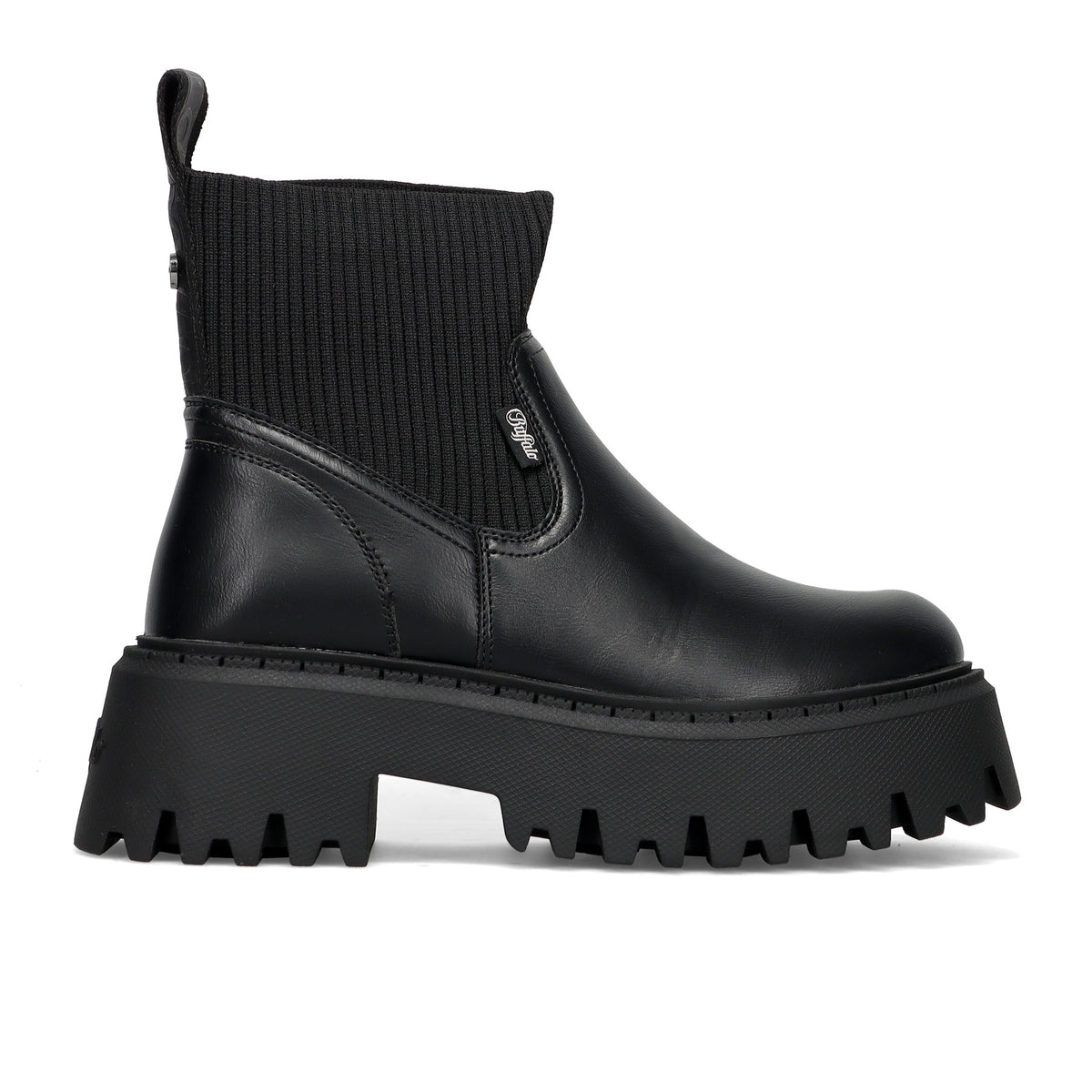 BUFFALO: Stivaletto da donna Aspen in ecopelle nera con calzino in maglia e maxi suola dentellata