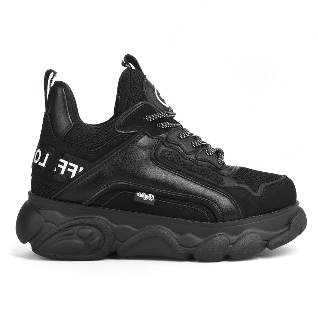 BUFFALO: Sneakers platform vegane da donna CLD Chai nera con scritte bianche