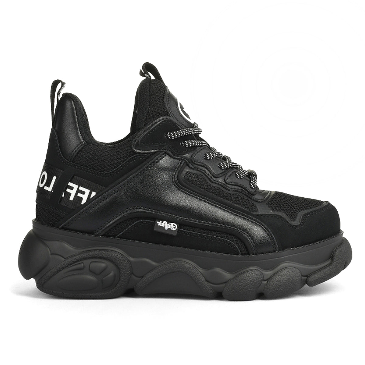 BUFFALO: Sneakers platform vegane da donna CLD Chai nera con scritte bianche