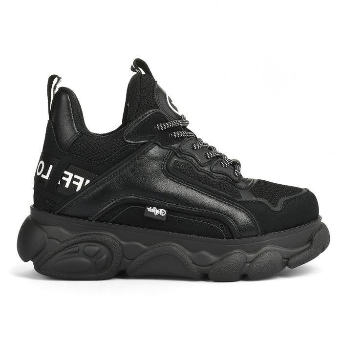 BUFFALO: Sneakers platform vegane da donna CLD Chai nera con scritte bianche