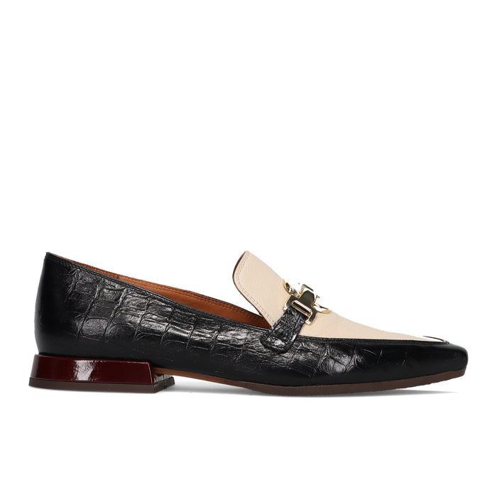 CHIE MIHARA: Mocassino da donna Gildo in pelle stampa coccodrillo nera e vernice avorio e bordeaux con morsetto