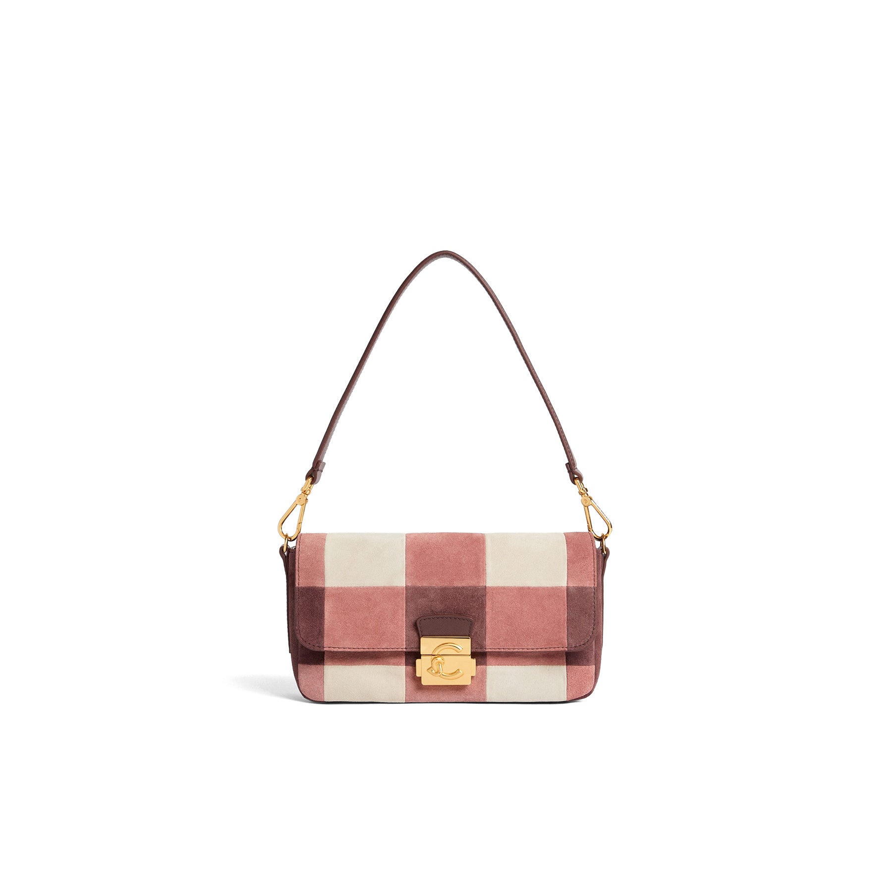 COCCINELLE: Borsa media C-Me Lock in camoscio rosa e lampone con lavorazione vichy patchwork