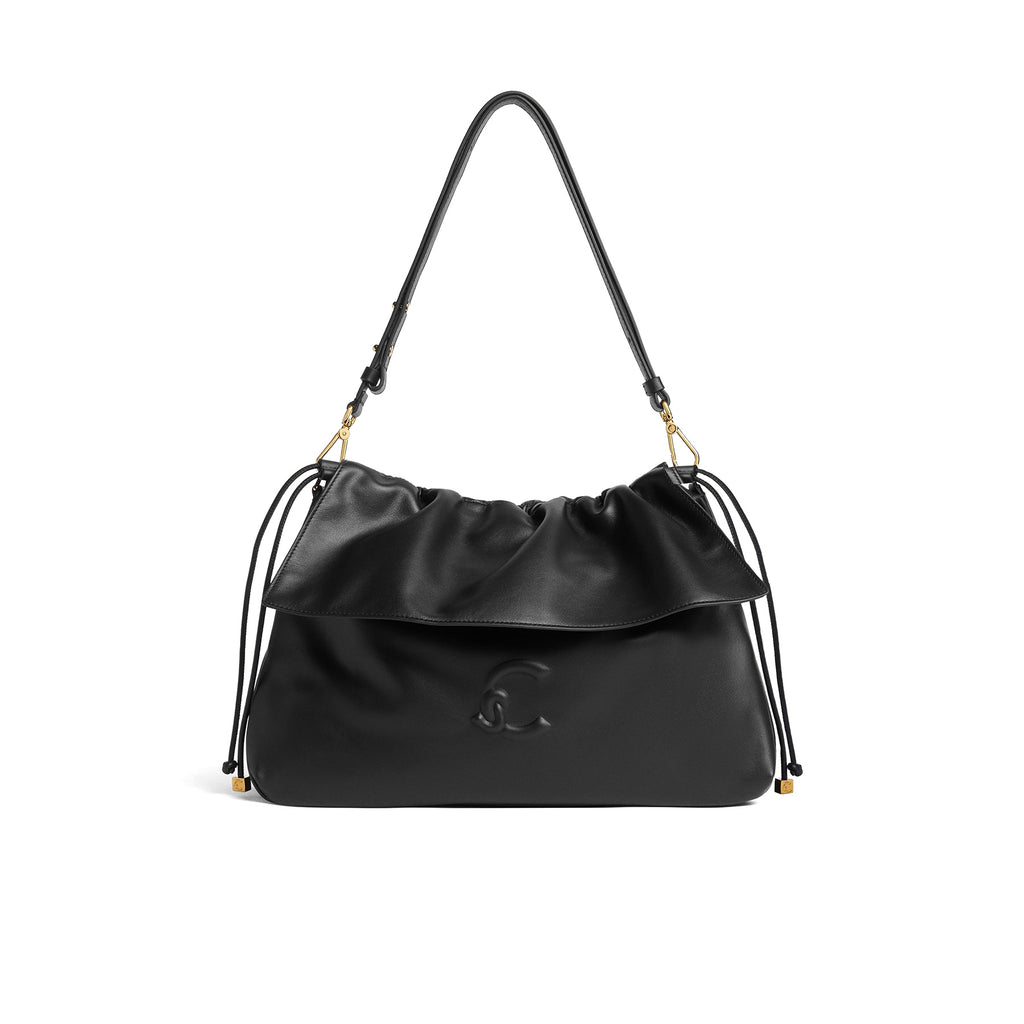 COCCINELLE: Borsa media modello Lia in morbida pelle nera con coulisse