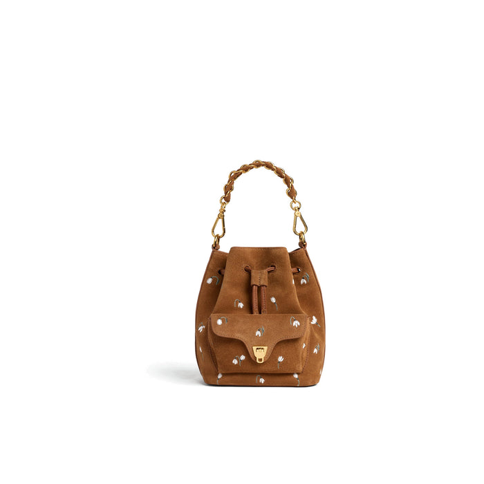 COCCINELLE: Borsa secchiello piccola Beat Generation in camoscio cognac con ricamo motivo floreale
