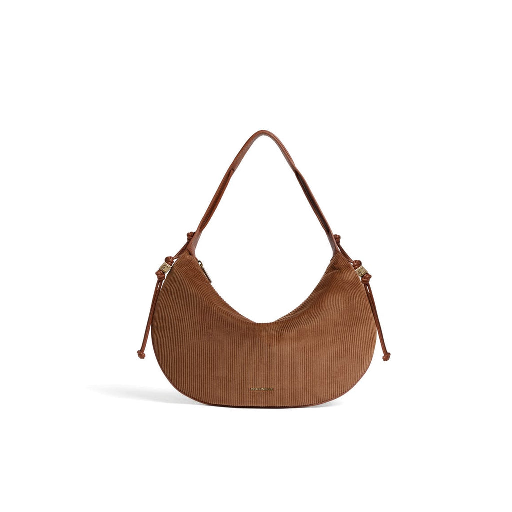 COCCINELLE: Borsa a spalla media Thess in tessuto a coste color cognac