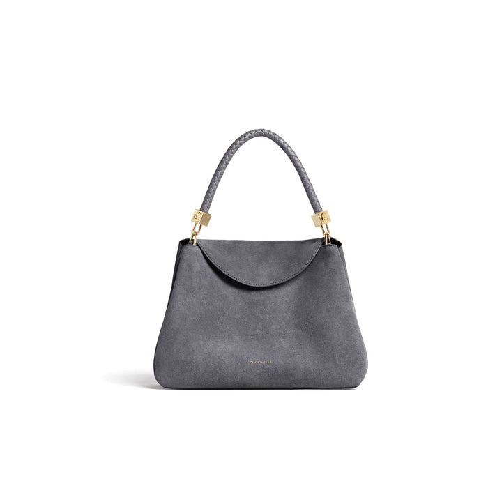 COCCINELLE: Borsa media da donna Tiggy in pelle scamosciata grigia con manico intrecciato