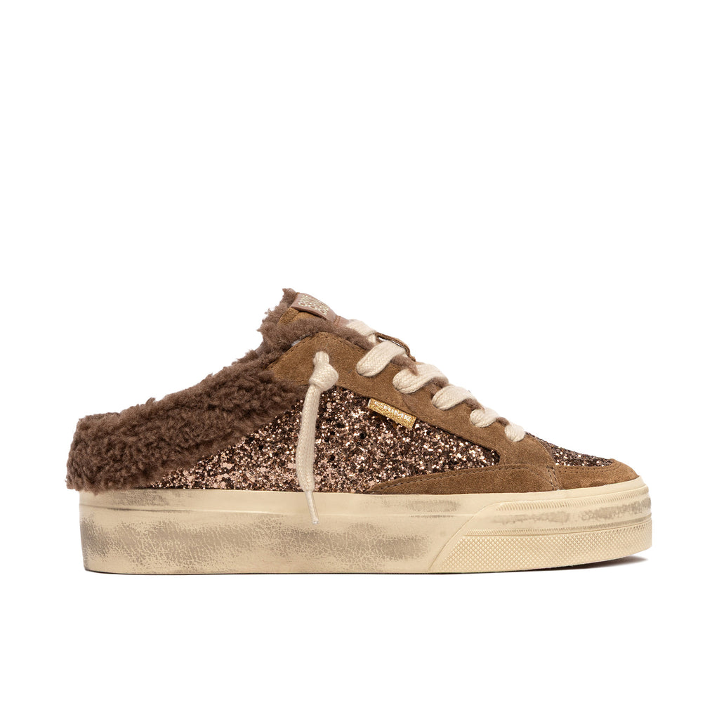 Crime London: Sneaker sabot da donnSoho in suede marrone e glitter bronzo con fodera teddy