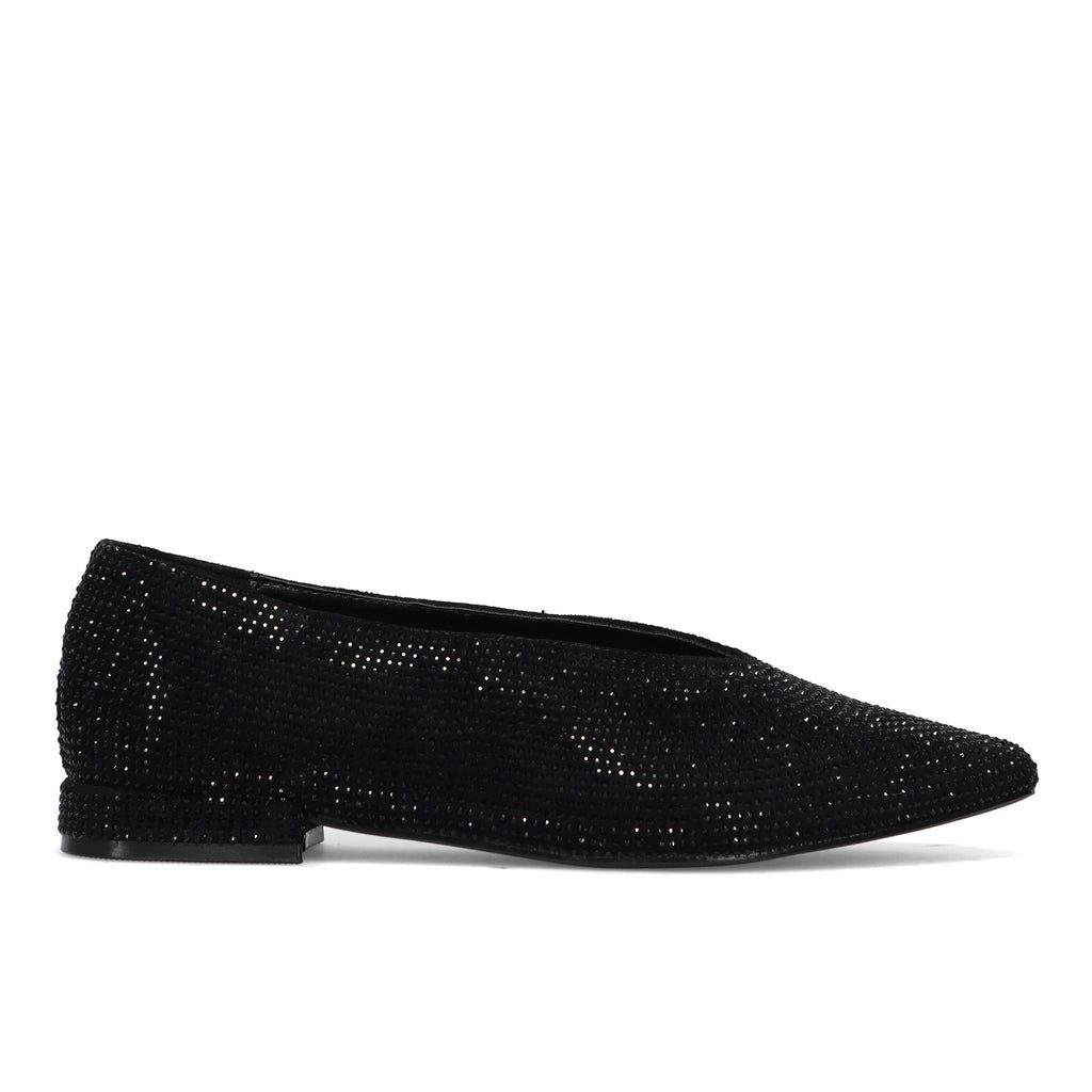 CRISTIN: Raffinata scarpa flat a punta da donna in tessuto e strass nero con scollo a "V"