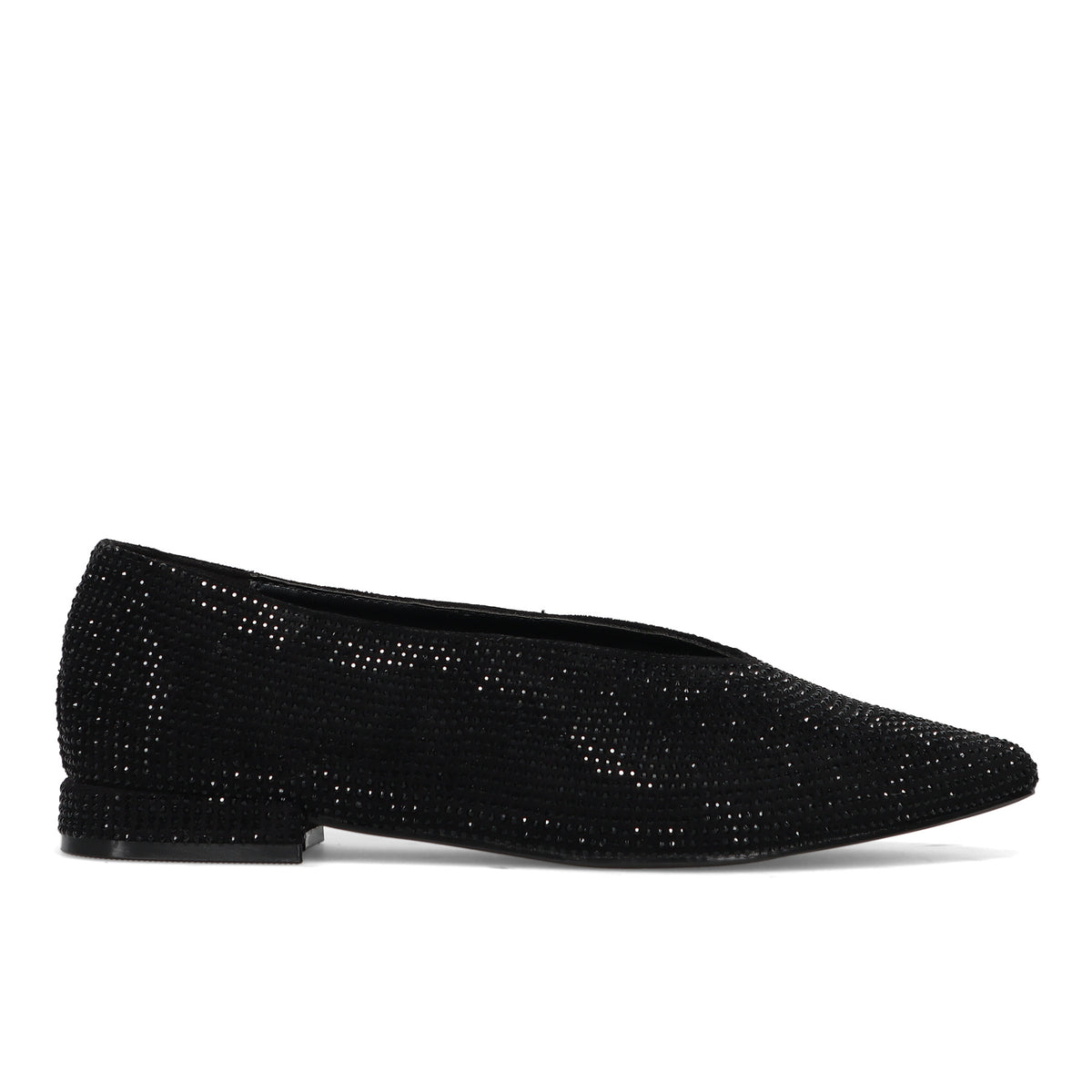 CRISTIN: Raffinata scarpa flat a punta da donna in tessuto e strass nero con scollo a "V"