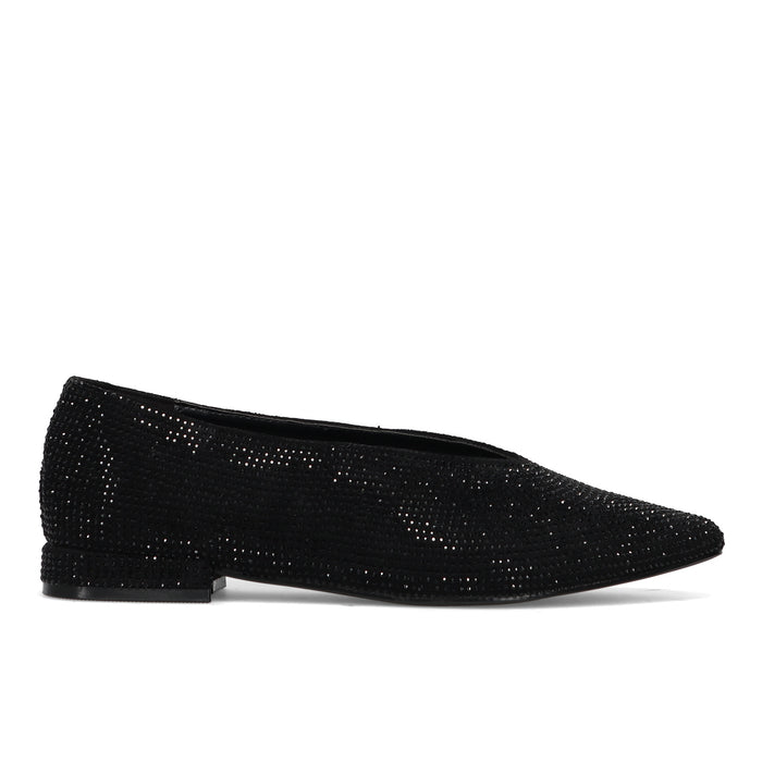CRISTIN: Raffinata scarpa flat a punta da donna in tessuto e strass nero con scollo a "V"