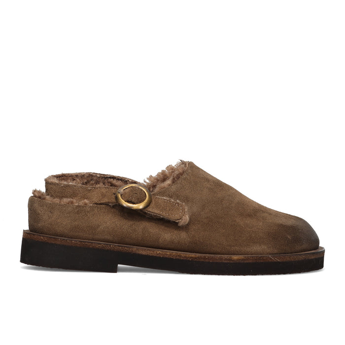 History541: Slingback flat da donna in camoscio marrone chiaro con vodera in pelliccia ecologica