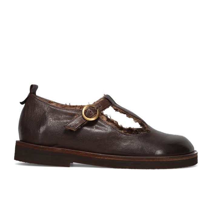 History541: Scarpa flat da donna in morbidaa pelle fondente con cinturino a T e fodera in pelliccia ecologica