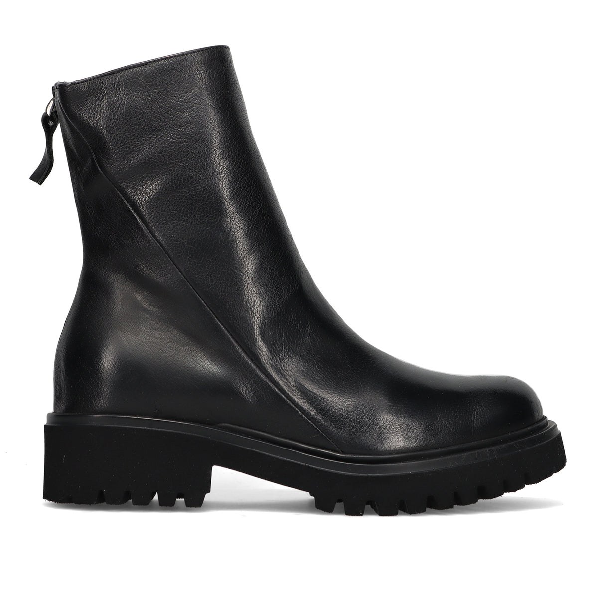 History541: Stivaletto da donna in morbida pelle nera con zip diagonale e suola dentellata