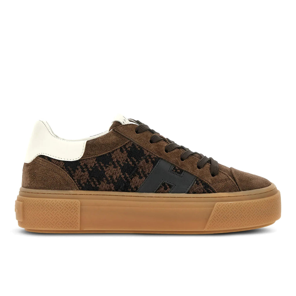 Hogan: Sneakers da donna Crosswind marrone in camoscio e tessuto con motivo pied de poule