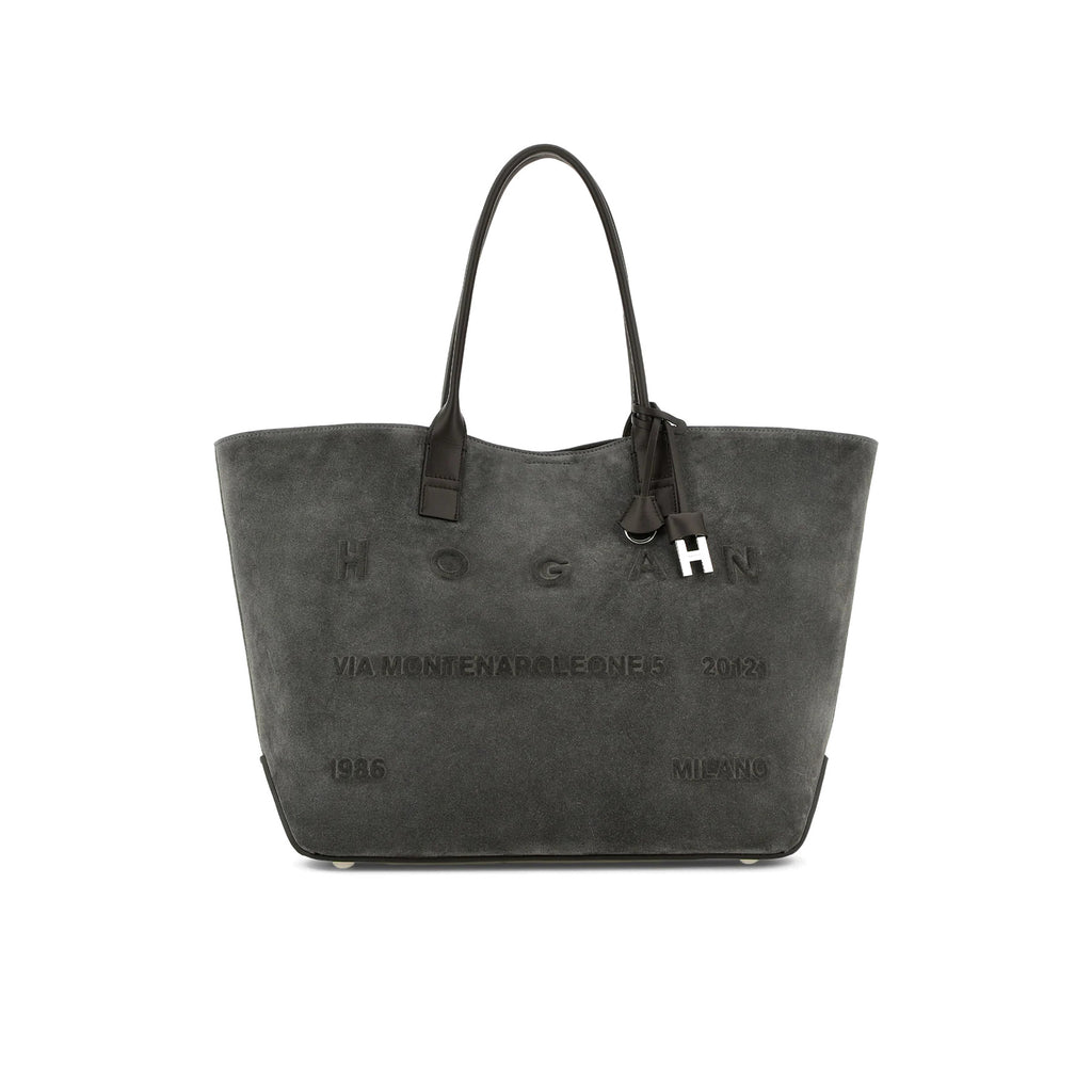 Hogan: Borsa Shopping Address Media In Camoscio Grigio e pelle con logo in rilievo