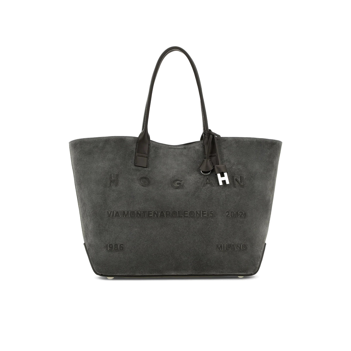 Hogan: Borsa Shopping Address Media In Camoscio Grigio e pelle con logo in rilievo