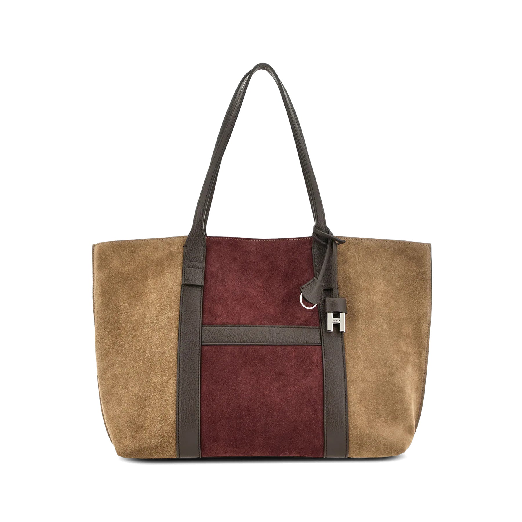 Hogan: Borsa Shopping Script Media in pelle scamosciata Marrone Chiaro e Bordeaux
