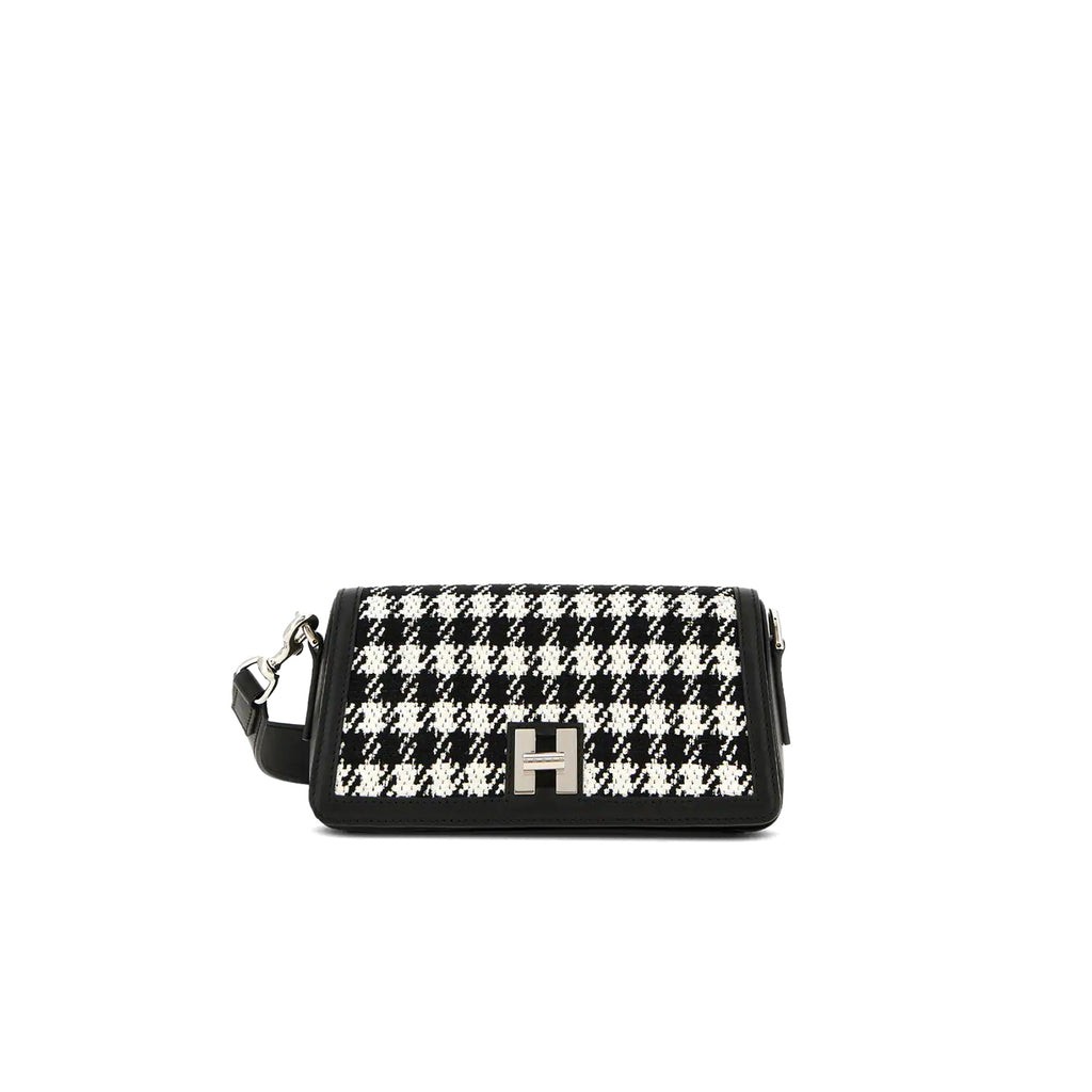 Hogan: Borsa Flap H-Turn Mini Nero Bianco in pelle con inserto in tessuto pied de poule