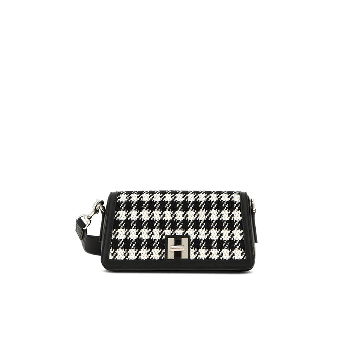 Hogan: Borsa Flap H-Turn Mini Nero Bianco in pelle con inserto in tessuto pied de poule