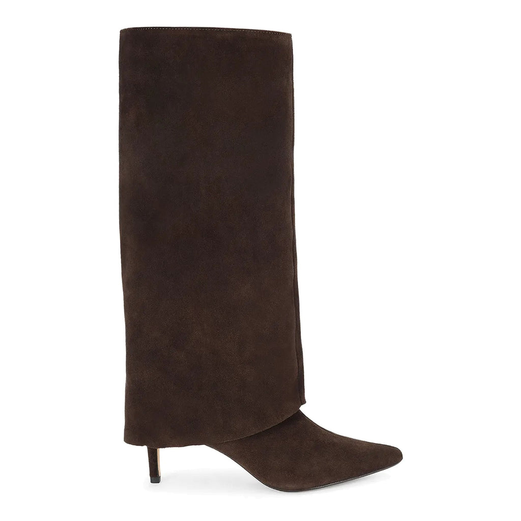 Kurt Geiger: Stivale da donna Maggie in pelle scamosciata marrone con gambale risvoltato e tacco alto