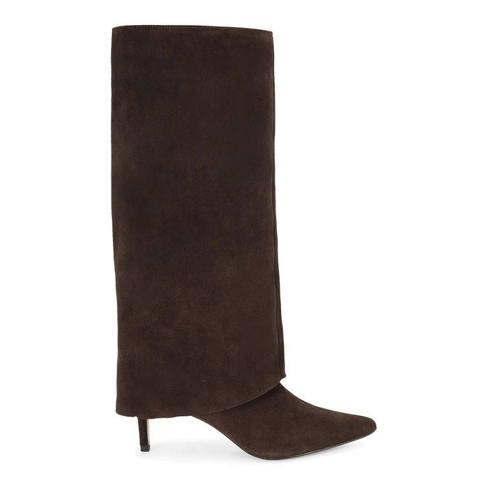 Kurt Geiger: Stivale da donna Maggie in pelle scamosciata marrone con gambale risvoltato e tacco alto
