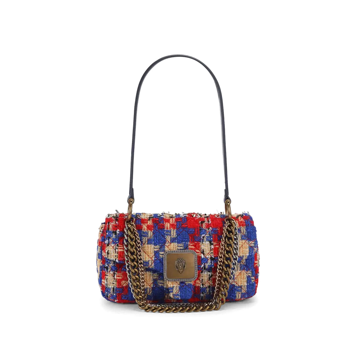 Kurt Geiger: Borsa a spalla Pimlico in tweed rosso, blu e crema con fili dorati e testa d'aquila in ottone anticato