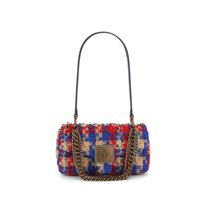 Kurt Geiger: Borsa a spalla Pimlico in tweed rosso, blu e crema con fili dorati e testa d'aquila in ottone anticato