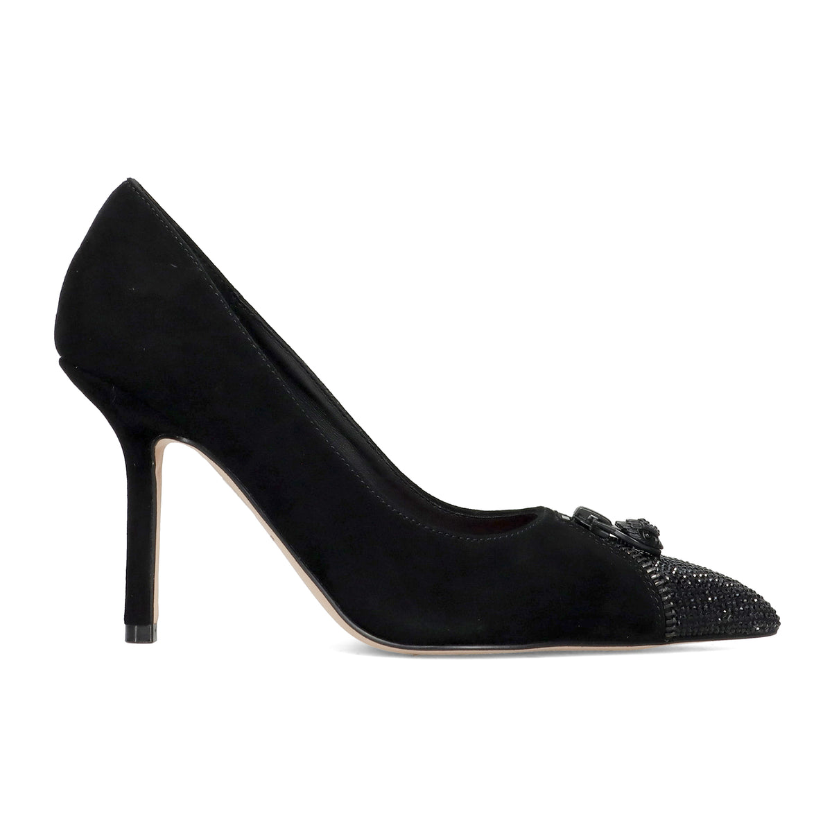 Kurt Geiger: Décolleté Zip Court in camoscio nero con cerniera, strass e tacco alto