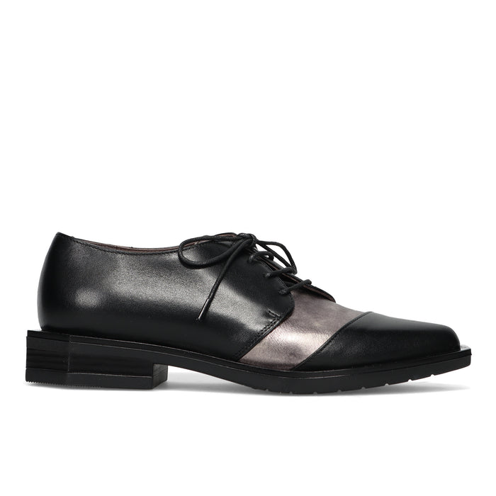 LE BOHEMIEN: Scarpa stringata da donna in morbida pelle nera e argento