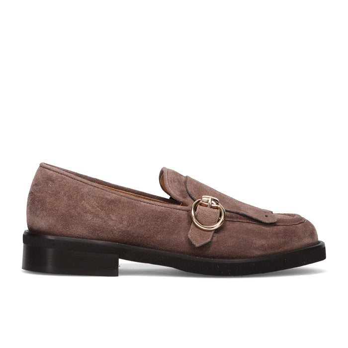 LUCA GROSSI: Scarpa da donna in morbido camoscio idrorepellente marrone chiaro con frangia e suola gomma