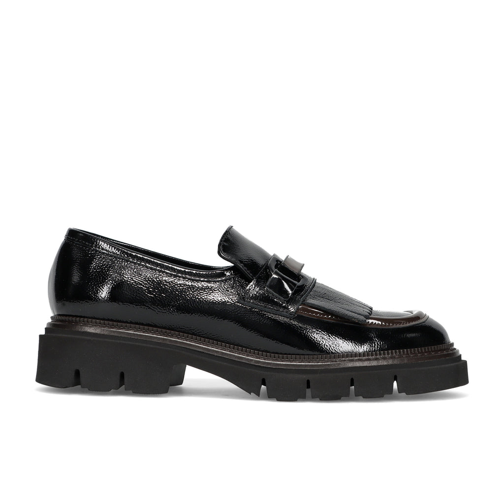 LUCA GROSSI: Scarpa da donna in pelle lucida nera e marrone con frangia e suola in gomma