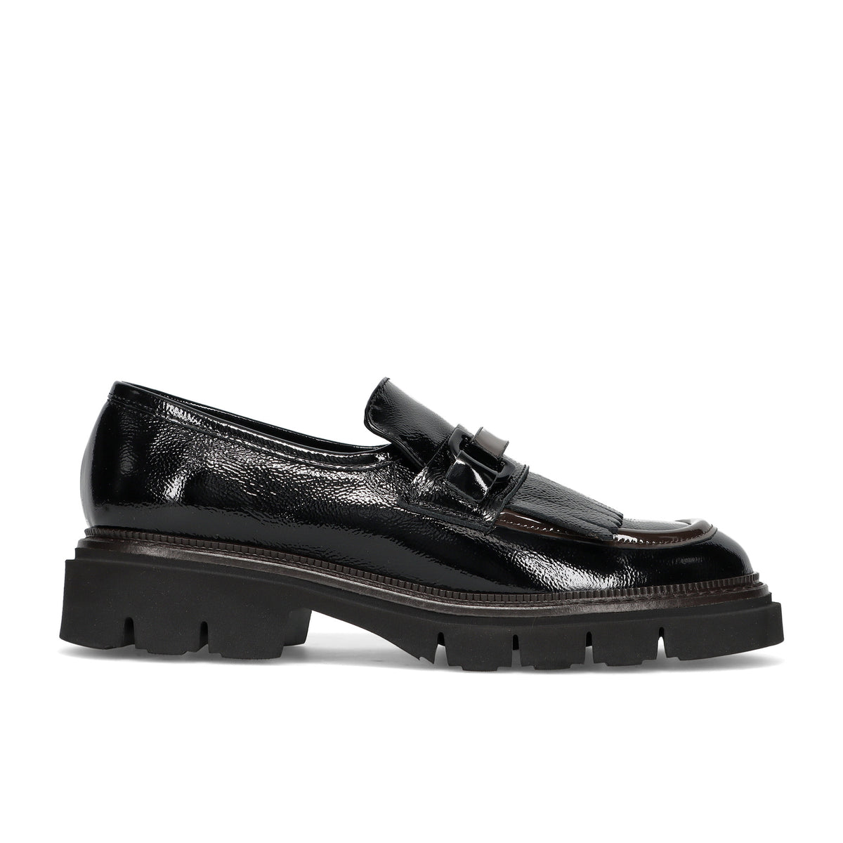 LUCA GROSSI: Scarpa da donna in pelle lucida nera e marrone con frangia e suola in gomma