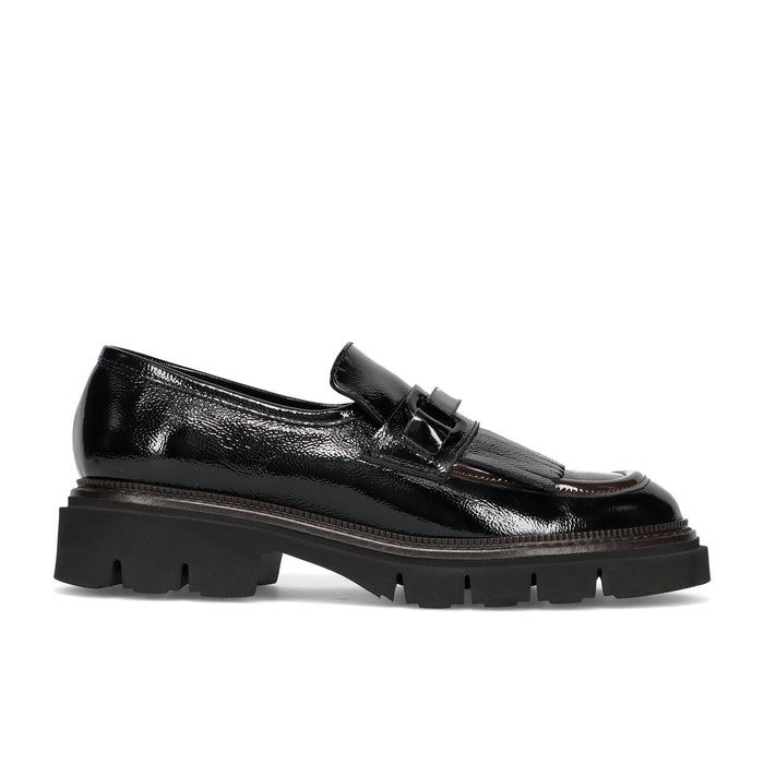 LUCA GROSSI: Scarpa da donna in pelle lucida nera e marrone con frangia e suola in gomma
