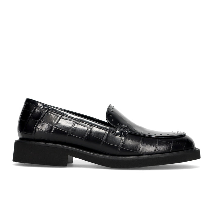 LUCA GROSSI: Scarpa da donna in pelle stampata coccodrillo nera con micro-borchie