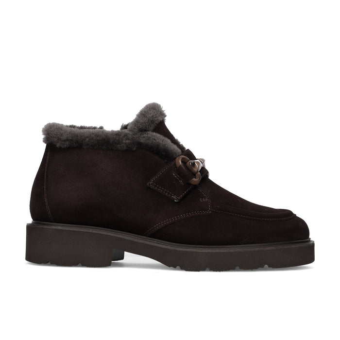 LUCA GROSSI: Scarpa mid-cut da donna in camoscio marrone scuro con fodera in pelliccia di agnello