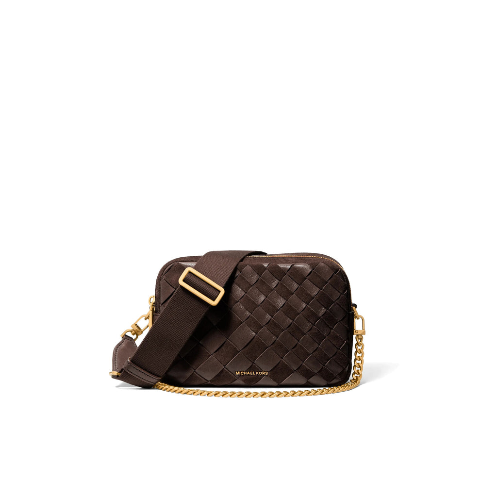 MICHAEL KORS: Camera bag a tracolla Bryant media in pelle scamosciata intrecciata marrone scuro