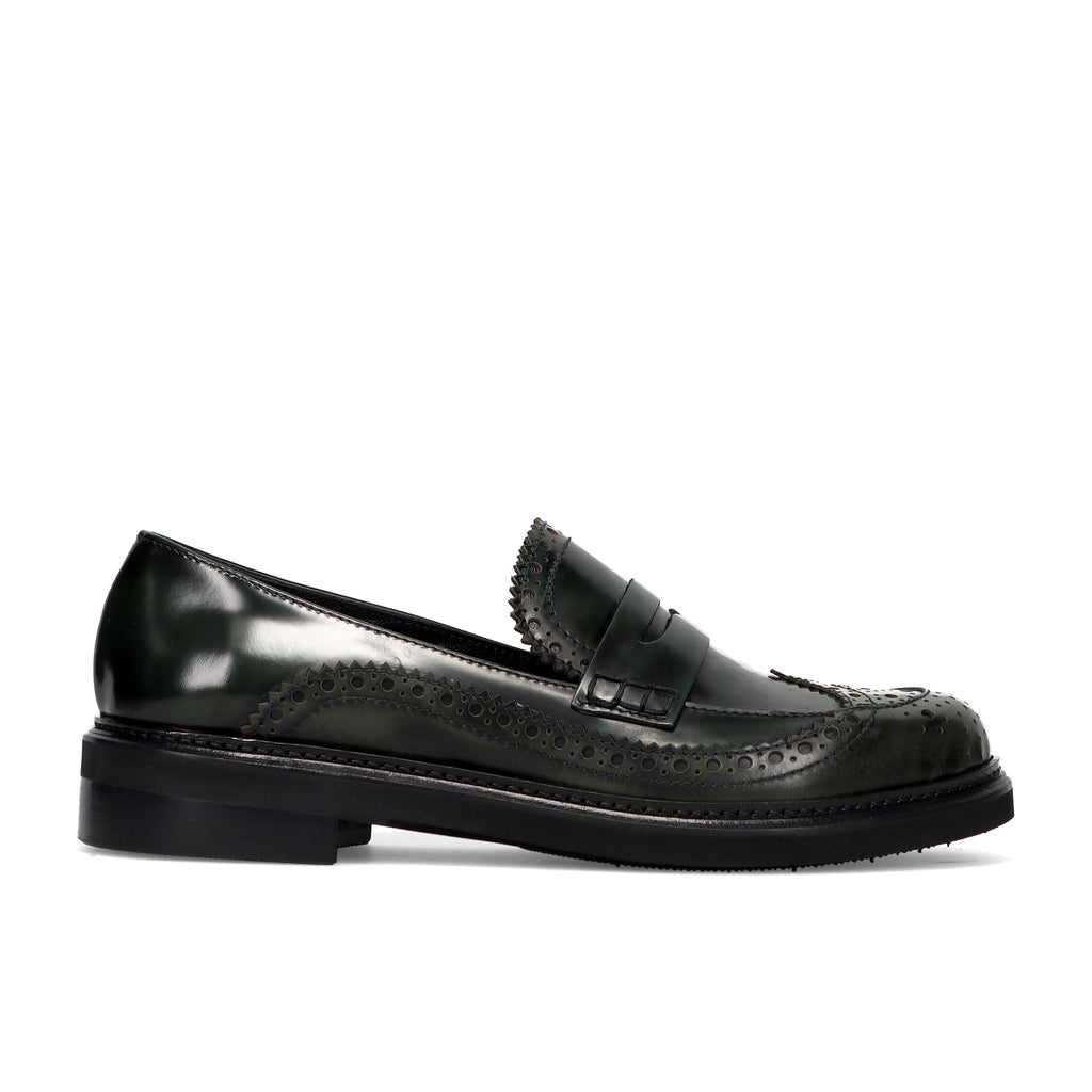 Napoleoni: Mocassino da donna Bia in spazzolata verde con bucature decorative
