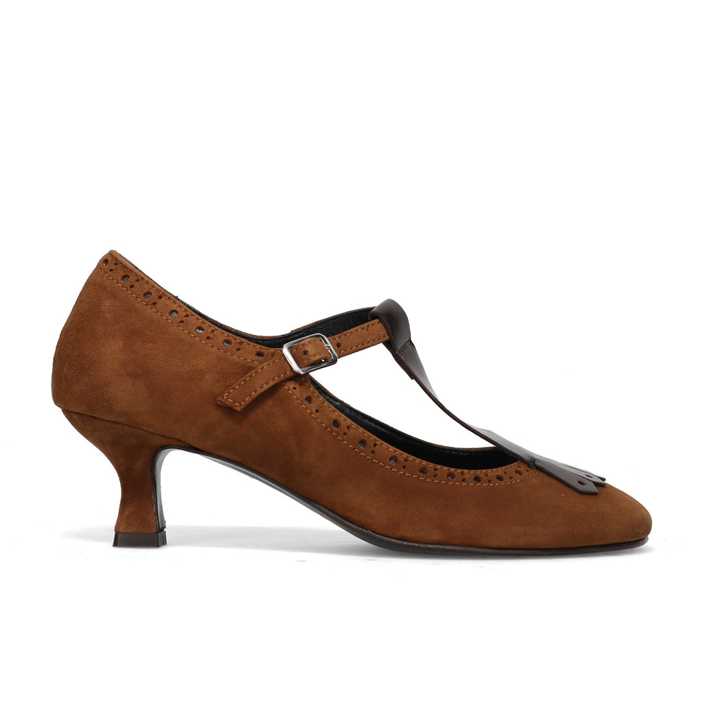 Napoleoni: Scarpa da donna in suede cognac e pelle marrone con frangia e tacco a rocchetto comodo