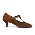 Napoleoni: Scarpa da donna in suede cognac e pelle marrone con frangia e tacco a rocchetto comodo